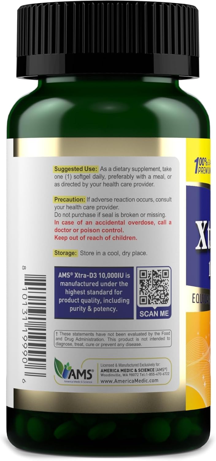 America Medic & Science Xtra D3 Vitamina D 10,000 IU (250 mcg) Complemento de Colecalciferol para Hombres y Mujeres (120 Cápsulas Blandas Fáciles de Tragar)