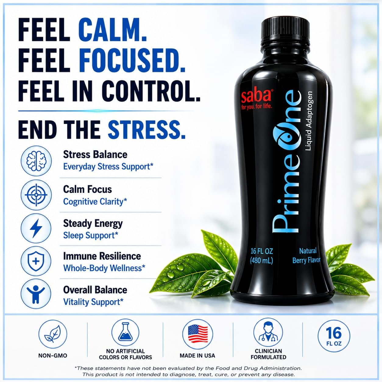 Saba Prime One Líquido Adaptógeno con Ashwagandha, Rhodiola, Reishi, Ginseng y Eleuthero - 946 ml