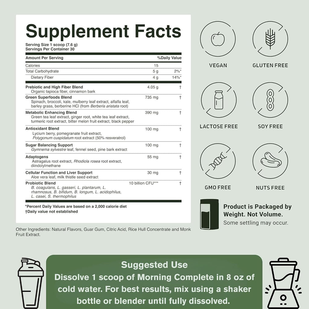ACTIVATEDYOU Morning Complete - Mezcla de Superalimentos Verdes con Prebióticos, Probióticos y Antioxidantes, 30 Raciones (Manzana Canela)