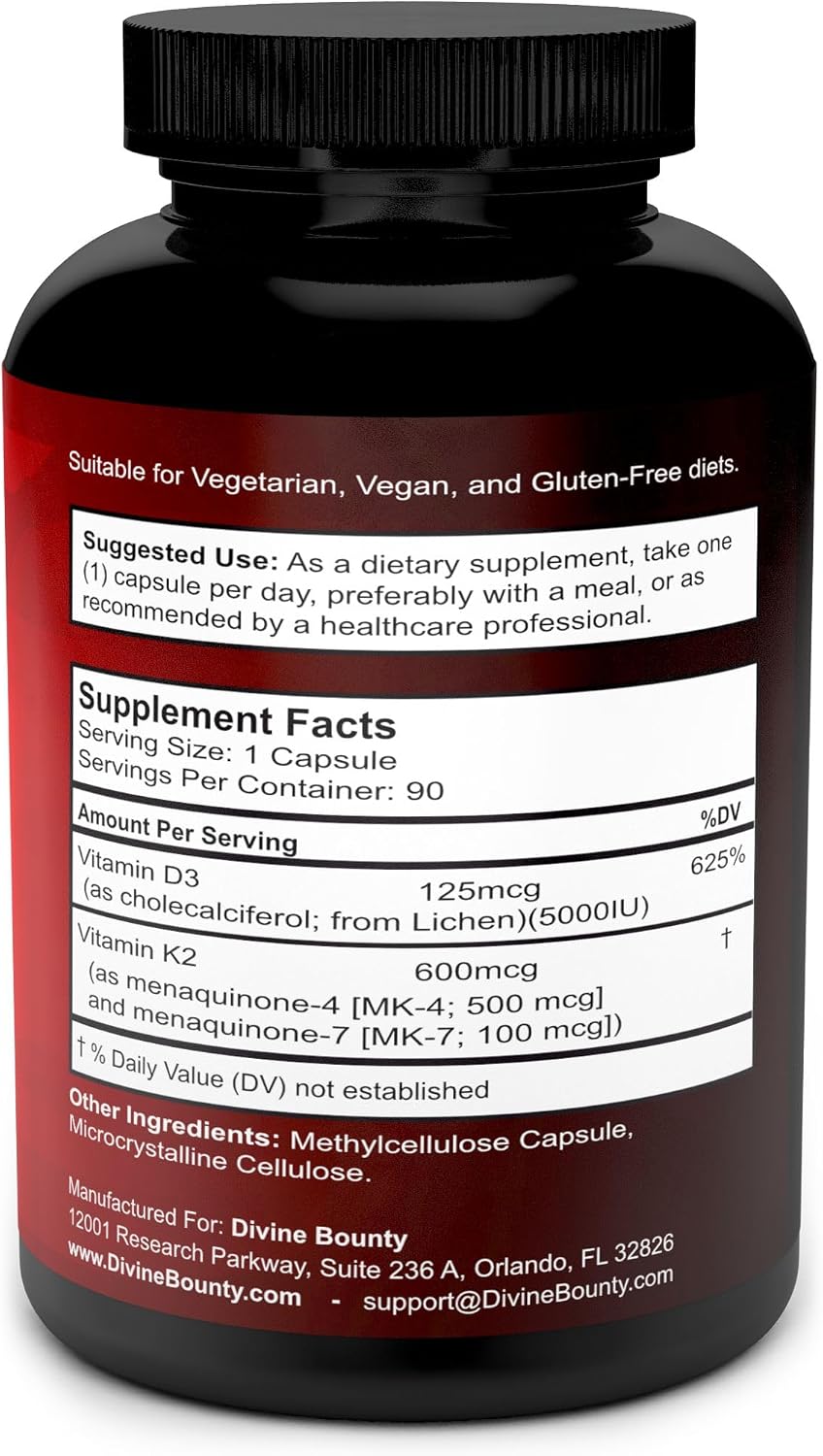 Divine Bounty Vitamina K2 (MK7 y MK4) con D3 - 90 Cápsulas Vegetarianas