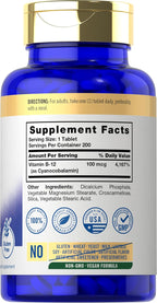Carlyle Vitamina B12 100 mcg | 200 Comprimidos | Suplemento Esencial | Vegano, Sin OMG y Sin Gluten