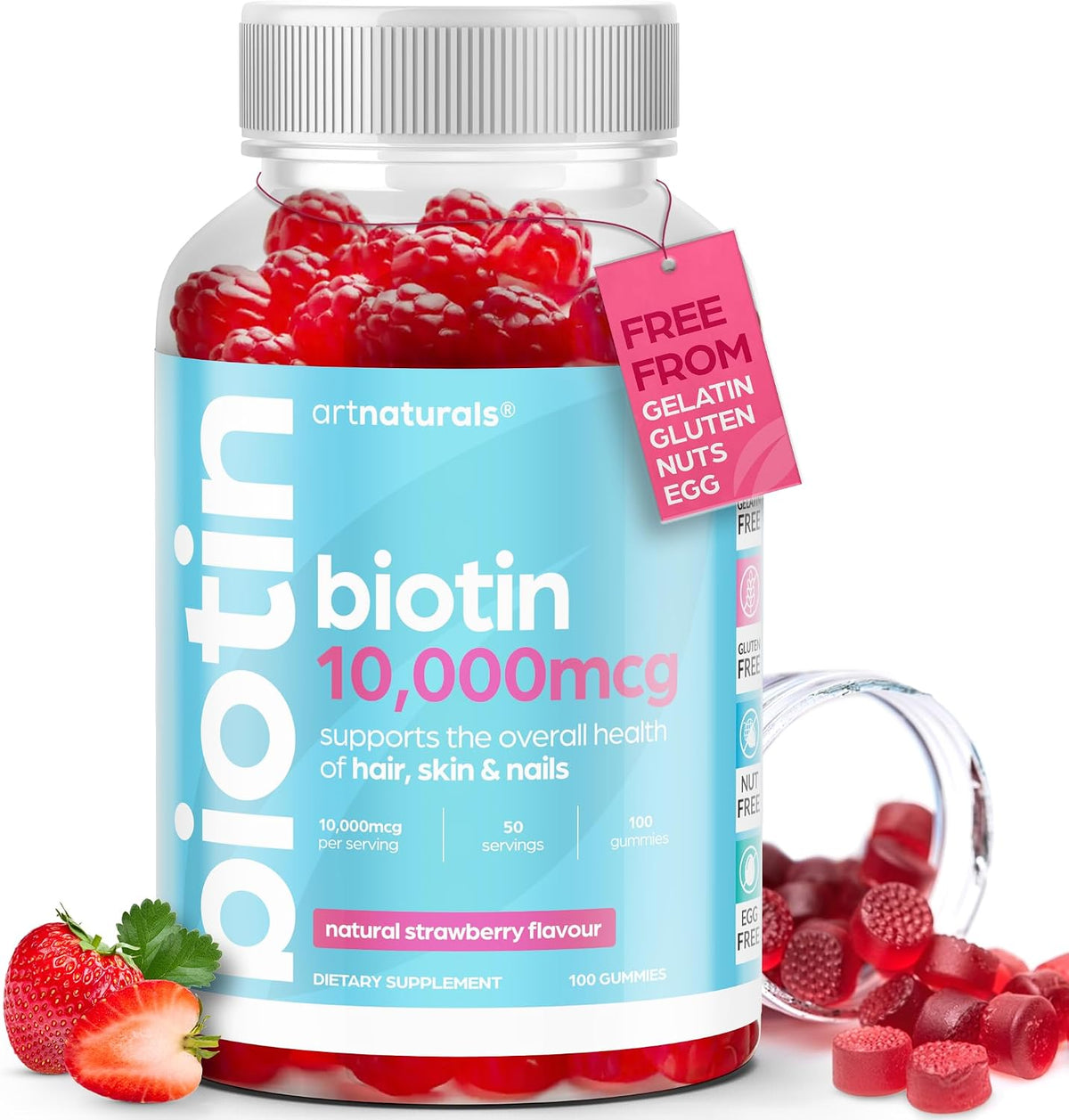 Artnaturals Gominolas de Biotina 10000mcg – Apoyo para Cabello, Piel y Uñas – 100 Gominolas – Image 1