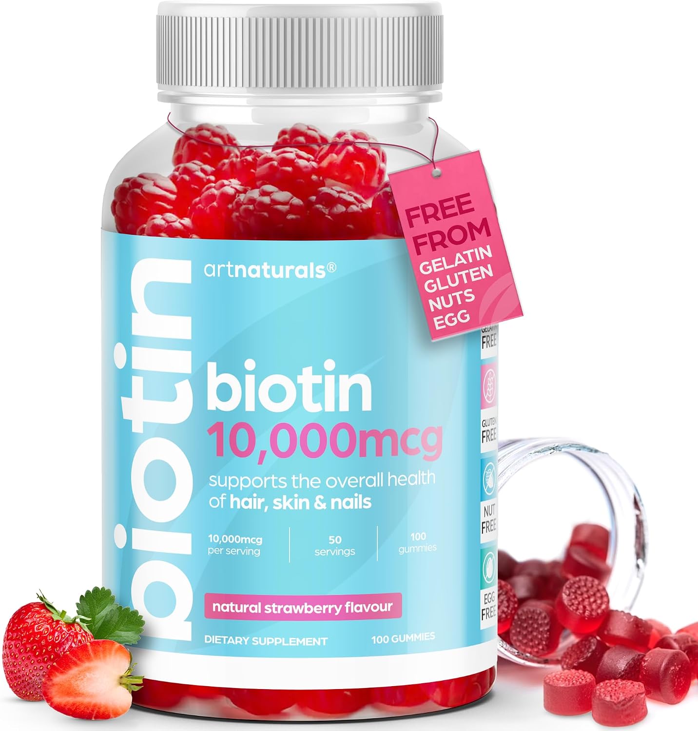 Artnaturals Gominolas de Biotina 10000mcg – Apoyo para Cabello, Piel y Uñas – 100 Gominolas