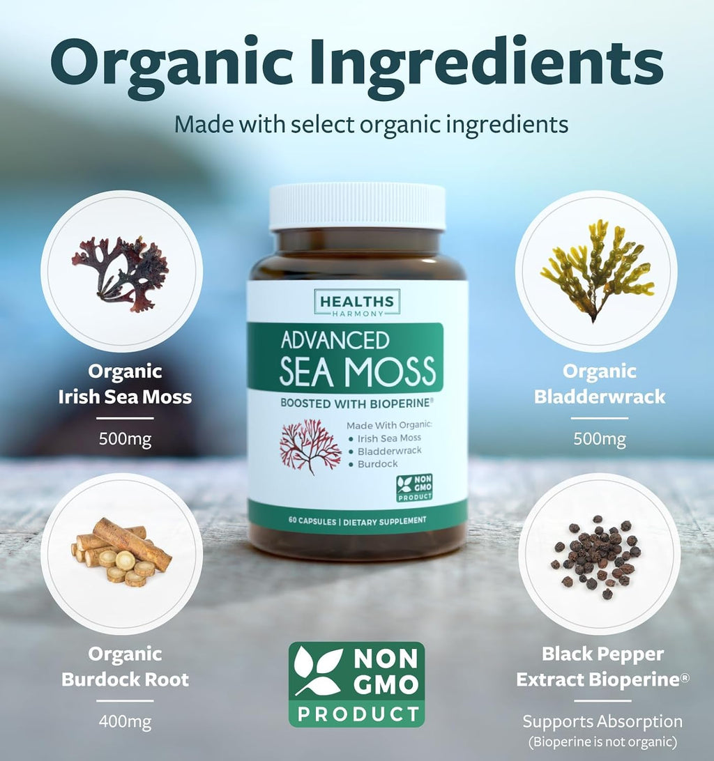 Cápsulas de Musgo Marino Orgánico Irish Sea Moss con Bladderwrack, Burdock Root y Pimienta Negra - Healths Harmony (1 mes)