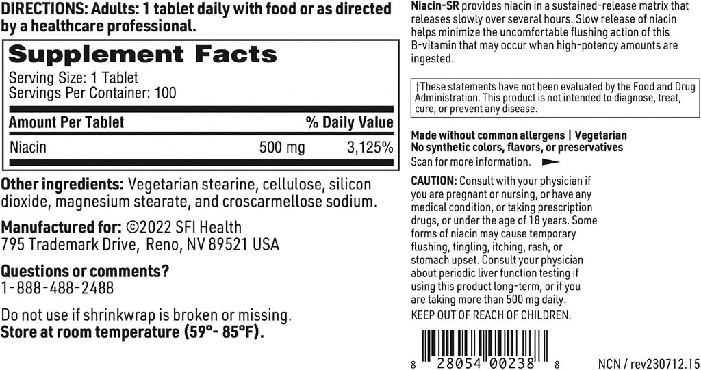 Klaire Labs Niacin-SR - 500 mg - 100 comprimidos de liberación prolongada - Vitamina B3 hipoalergénica