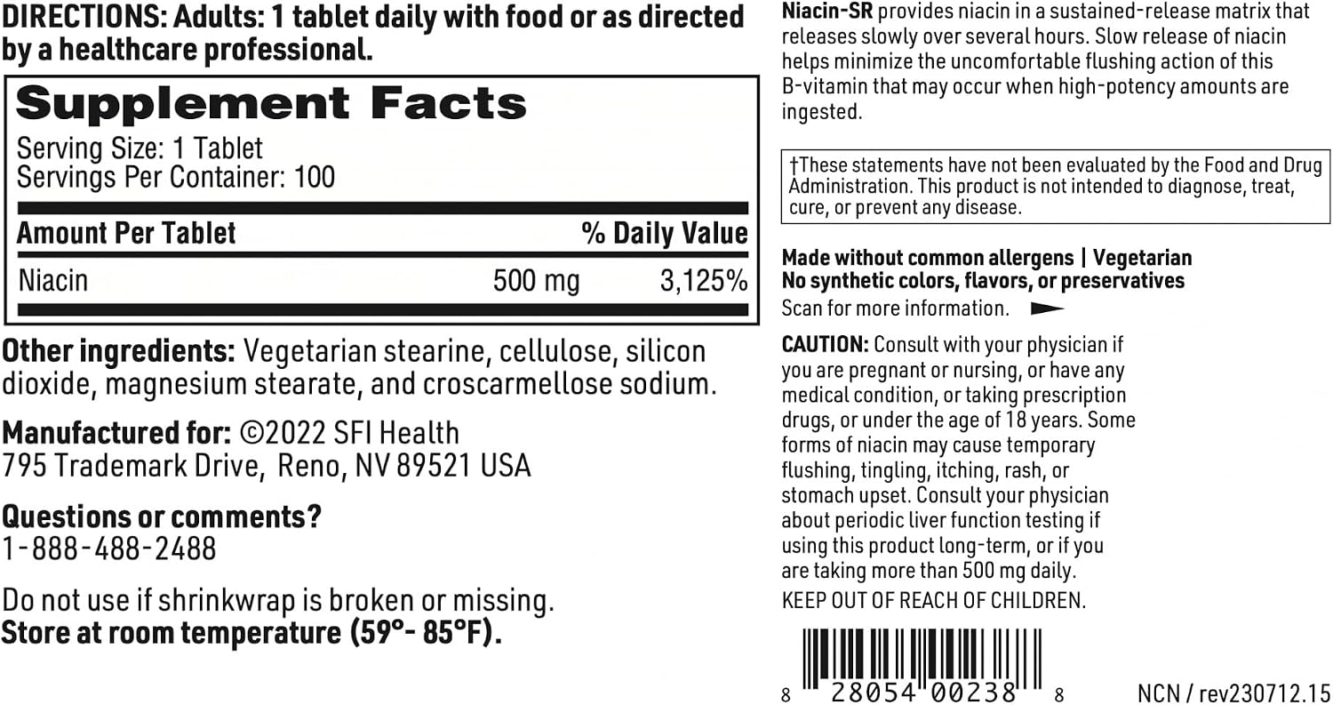 Klaire Labs Niacin-SR - 500 mg - 100 comprimidos de liberación prolongada - Vitamina B3 hipoalergénica
