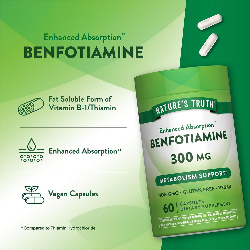 Nature's Truth Benfotiamina | 300mg | 60 Cápsulas | Vegano, No-GMO y Sin Gluten | Precursor de Vitamina B1