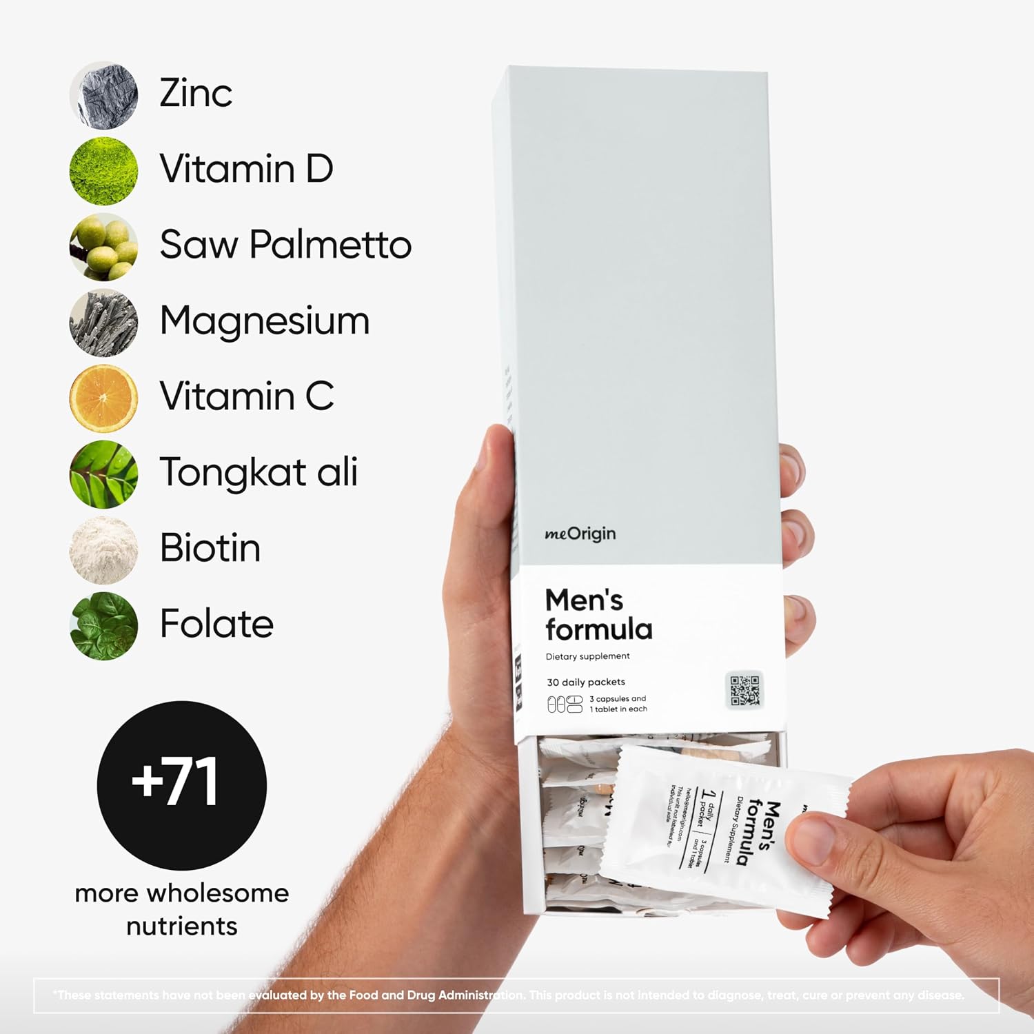 Multivitamínico para Hombres meOrigin | Complejo con Zinc, Vitamina D, C, B12, Saw Palmetto, Biotina, Selenio | 79 Nutrientes para la Energía y el Cabello Saludable | 30 Días