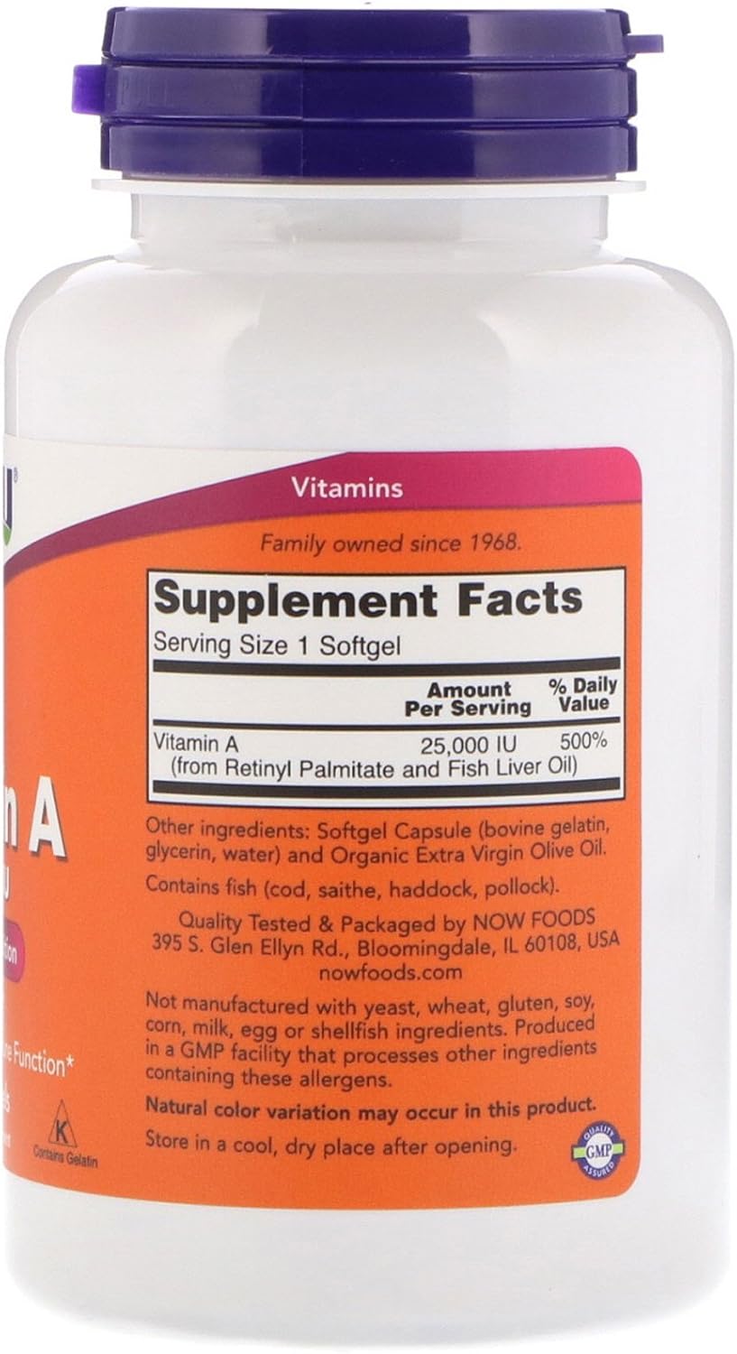 Now Foods Vitamina A, 25.000 UI a partir de Aceite de Hígado de Pescado, 250 Cápsulas Blandas (Paquete de 2)