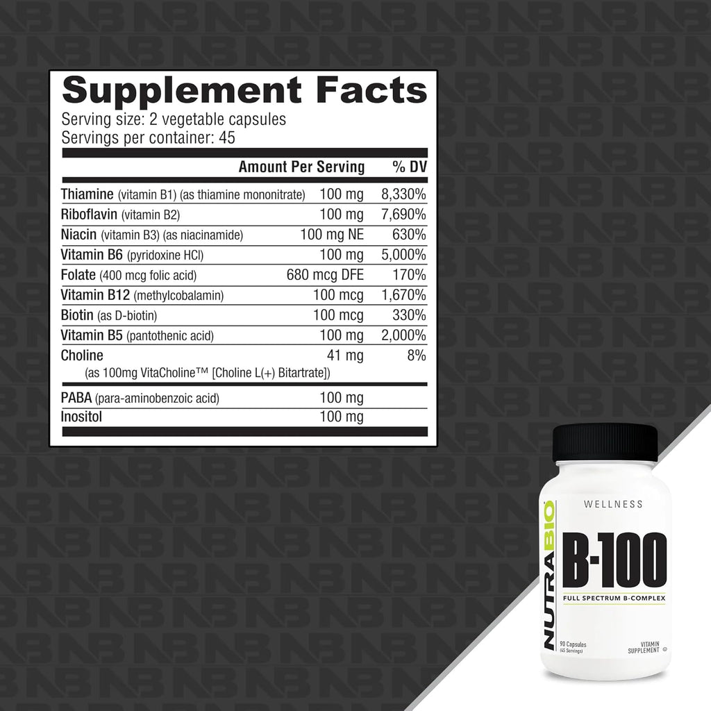 NutraBio B-100 – Complejo de Vitaminas B – Apoyo al Sistema Inmunológico, Cabello, Piel y Uñas – 90 Cápsulas Vegetales