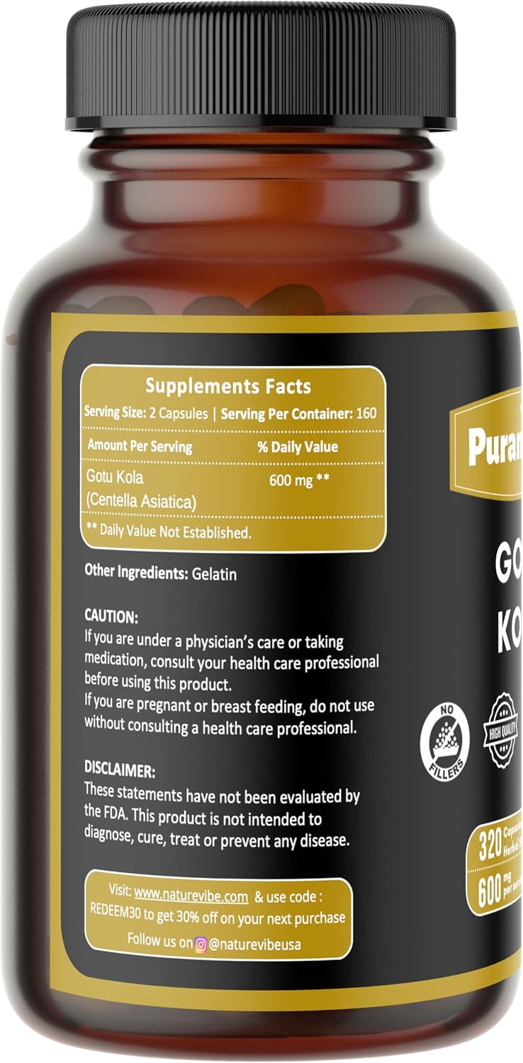 Gotu Kola Premium 320 Cápsulas No OGM y Sin Gluten | Suplemento Herbario | 600 mg Por Ración | Hecho con Polvo de Gotu Kola 100% Puro