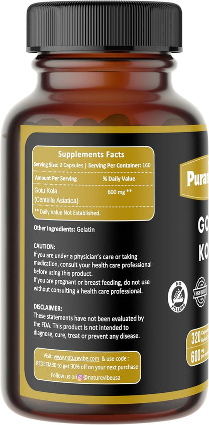 Gotu Kola Premium 320 Cápsulas No OGM y Sin Gluten | Suplemento Herbario | 600 mg Por Ración | Hecho con Polvo de Gotu Kola – Image 2