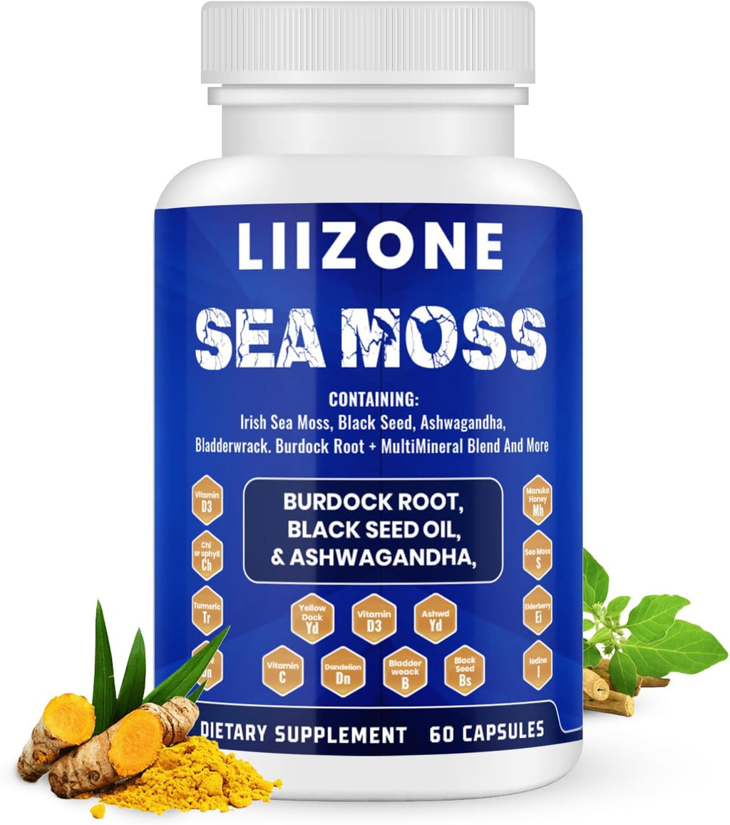 LIIZONE Cápsulas de Sea Moss Complejo con Ashwagandha, Turmeric y Vitamina C - Aceite de Semilla Negra para Apoyo Inmunitario, Articulaciones y Salud Digestiva - 60 Cápsulas