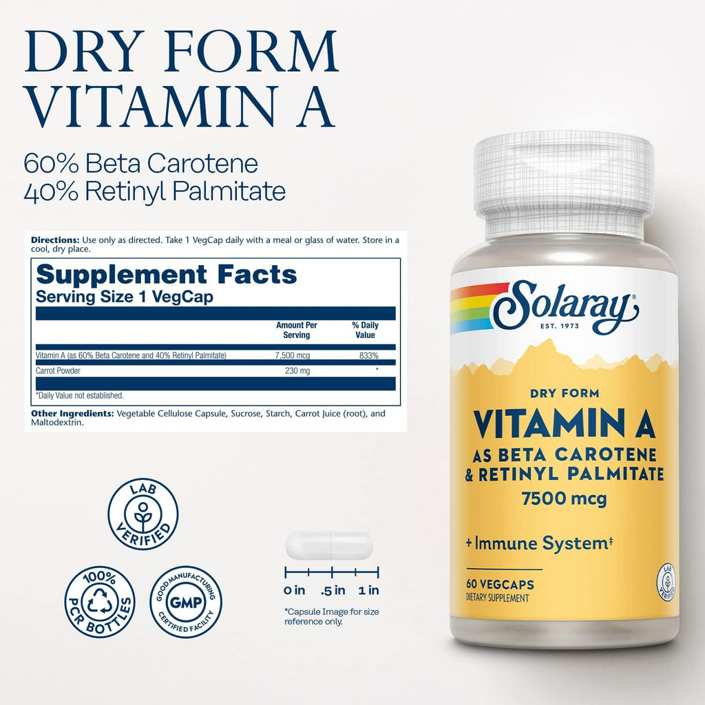 Solaray Vitamin A Dry Form - 60% Beta Carotene & 40% Retinyl Palmitate - 60 Vegan Capsules