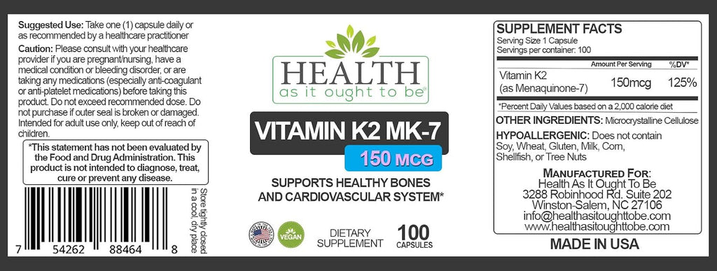 Vitamina K2 MK-7 150 mcg - Health As It Ought To Be - 100 Cápsulas