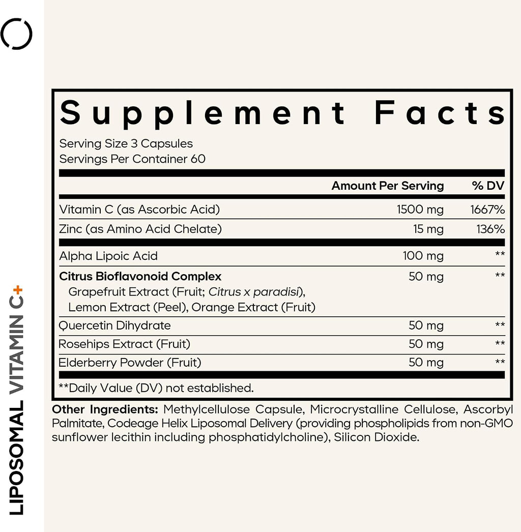 Codeage Liposomal Vitamin C 1500mg con Zinc, Elderberry, Citrus Bioflavonoids, Quercetin & Rose Hips - 180 Cápsulas Veganas