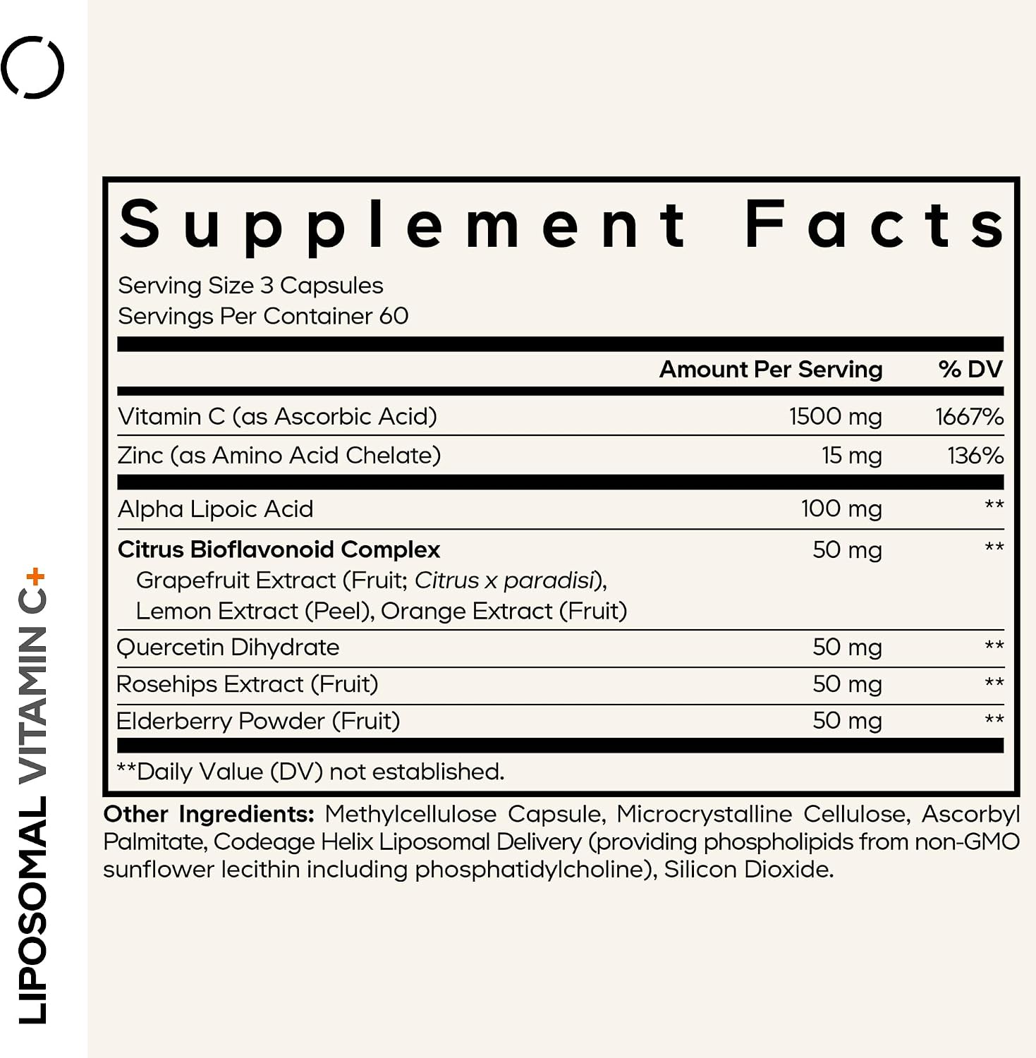 Codeage Liposomal Vitamin C 1500mg con Zinc, Elderberry, Citrus Bioflavonoids, Quercetin & Rose Hips - 180 Cápsulas Veganas