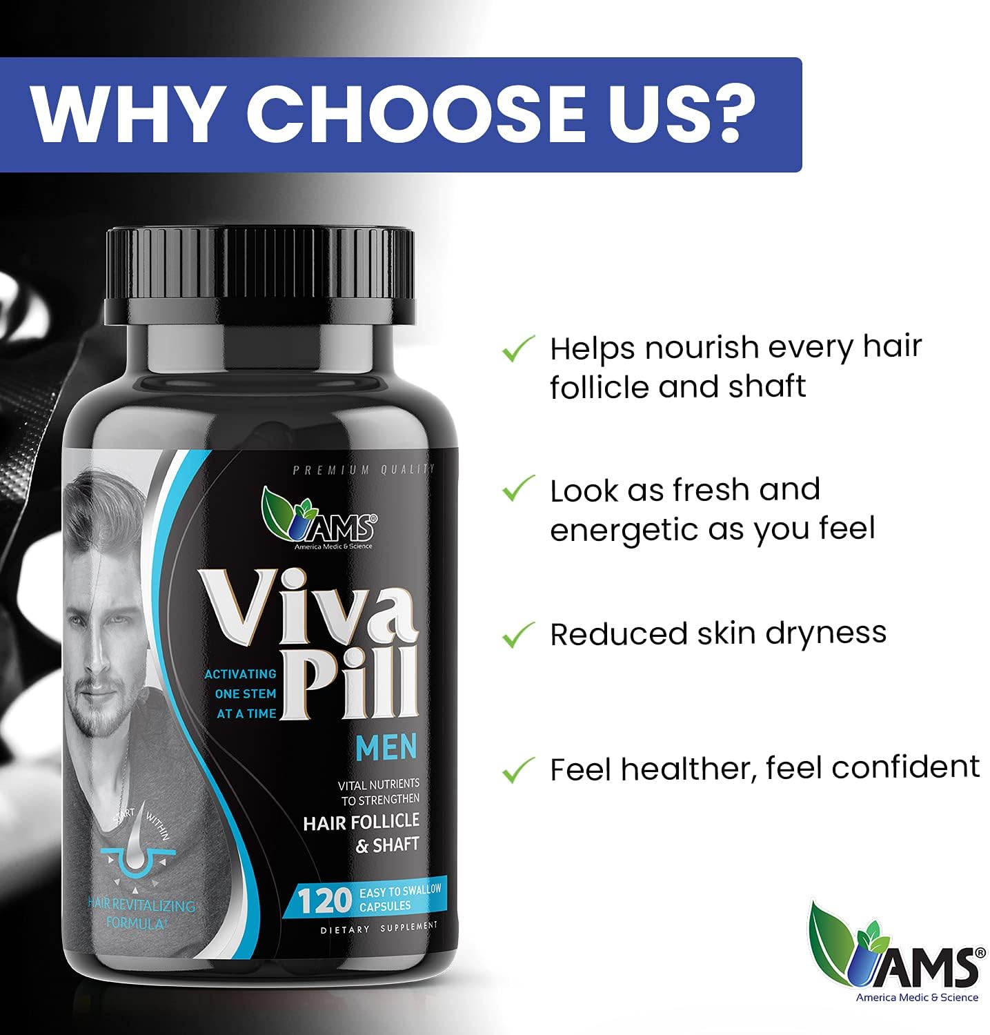 America Medic & Science VivaPill para Hombres (120 Cápsulas) - Suplemento para Cabello, Piel y Uñas con Biotina, Colágeno y Queratina
