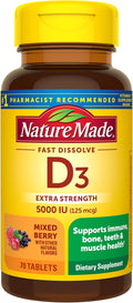 Nature Made Vitamina D3 5000 IU (125 mcg) Extra Strength, Comprimidos Bucodispersables Sin Azúcar, 70 Unidades