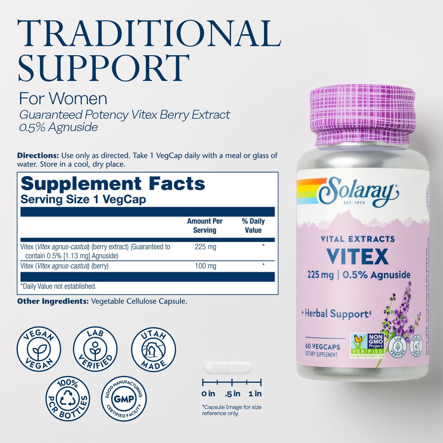 SOLARAY Vitex (Sauzgatillo) 225 mg, 60 cápsulas veganas