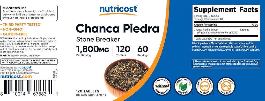 Extracto de Chanca Piedra Nutricost - Rompepiedras - 120 Comprimidos, 1800mg por Dosis