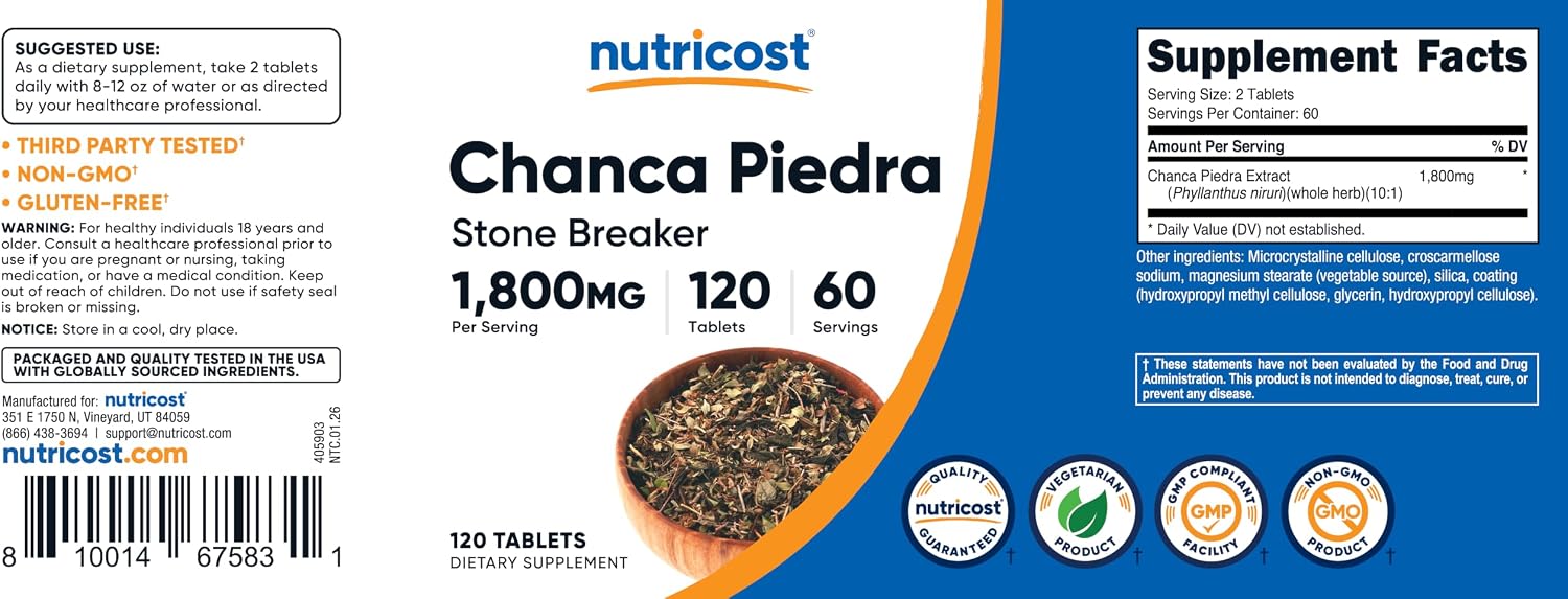 Extracto de Chanca Piedra Nutricost - Rompepiedras - 120 Comprimidos, 1800mg por Dosis