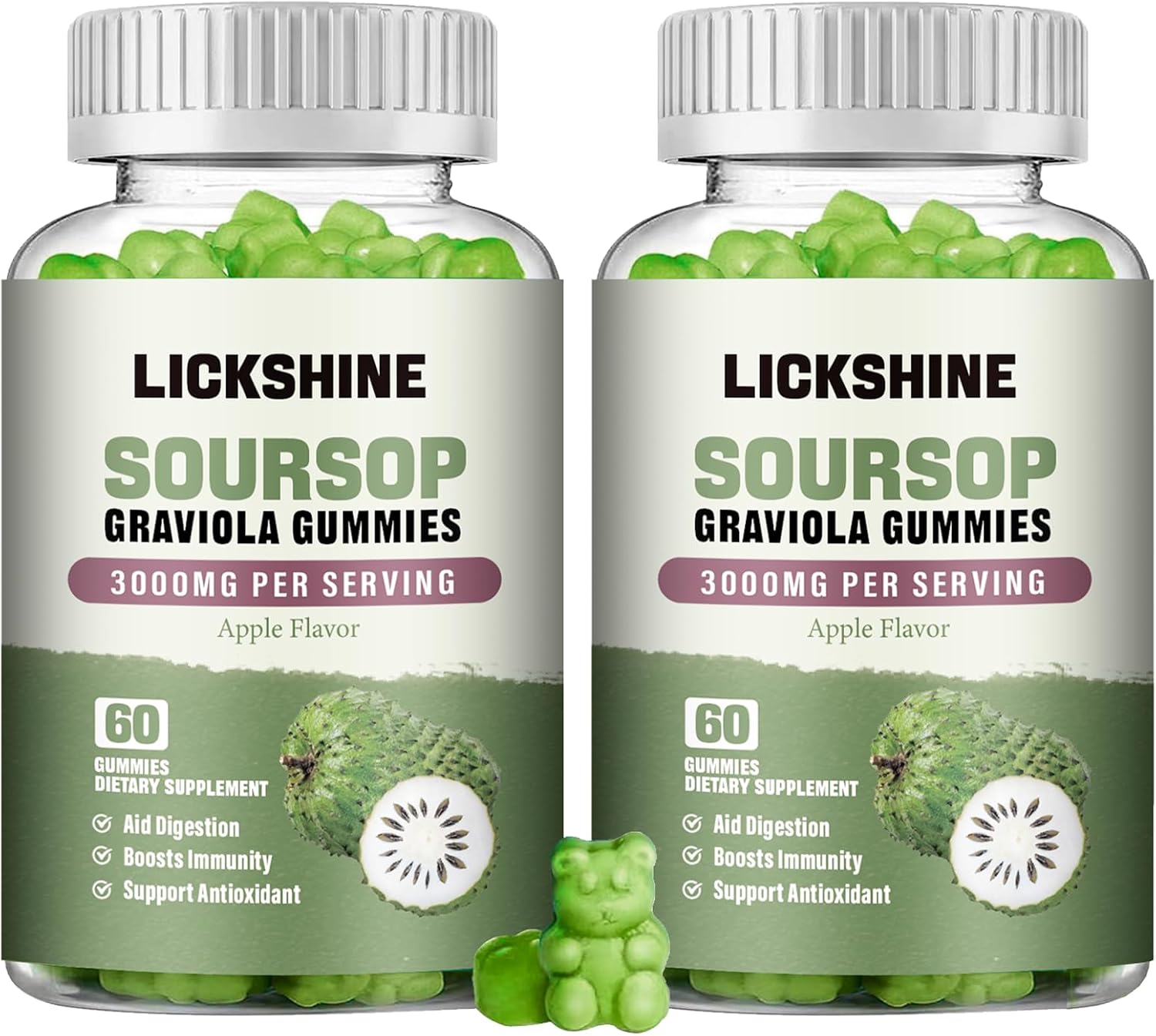 lickshine 2 Pack Gominolas de Graviola - 3000mg Extra Fuerte con Vitamina C y Zinc - Apoyo Digestivo e Inmunitario - Sin Azúcar, No GMO, Vegano, 120 unidades