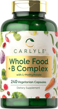 Carlyle Complejo B con Mezcla de Alimentos Integrales | 240 Cápsulas | con B1, B2, B6, B12, Biotina, Niacina y Metilfolato | Suplemento Vegetariano, No GMO y Sin Gluten