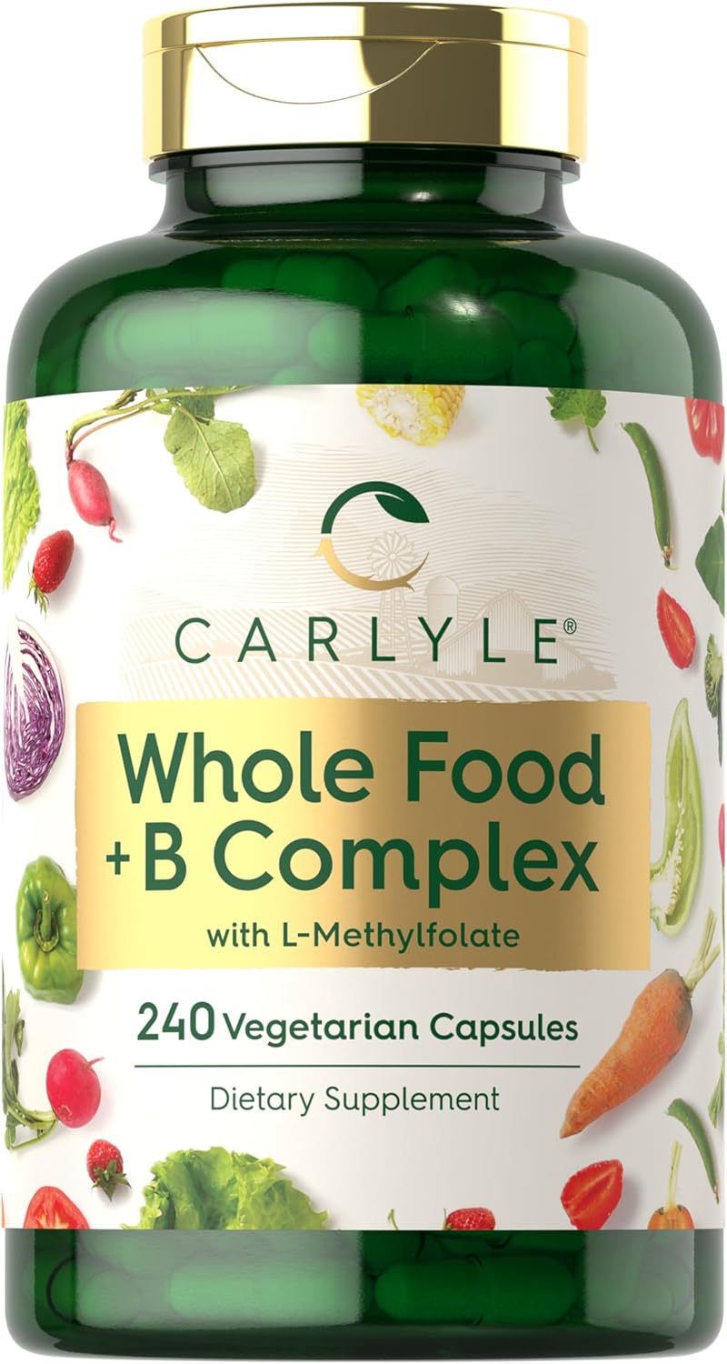 Carlyle Complejo B con Mezcla de Alimentos Integrales | 240 Cápsulas | con B1, B2, B6, B12, Biotina, Niacina y Metilfolato | Suplemento Vegetariano, No GMO y Sin Gluten