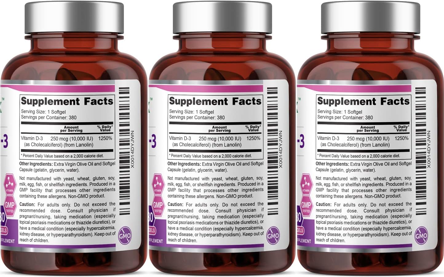 biophix Vitamina D3 10000 UI 380 Cápsulas Blandas (3 Paquetes) - Alta Potencia en Aceite de Oliva Virgen Extra, No-GMO, Sin Soja