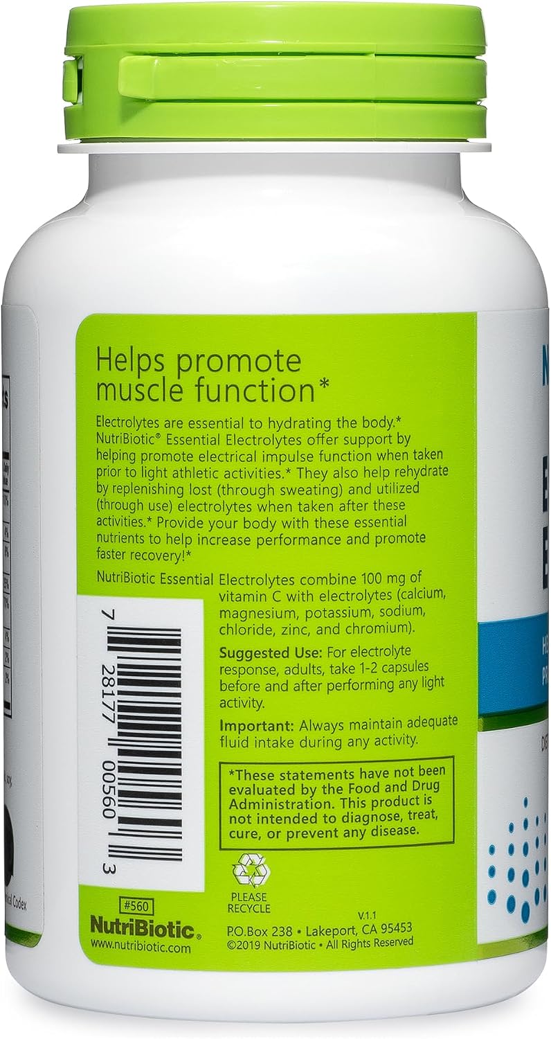 NutriBiotic Essential Electrolytes, 100 Capsules | Electrolytes with Vitamin C for Rehydration and Performance
