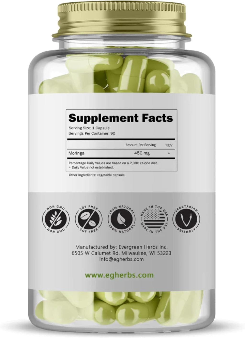 Evergreen Herbs Moringa Capsules 90 Cápsulas, 450mg