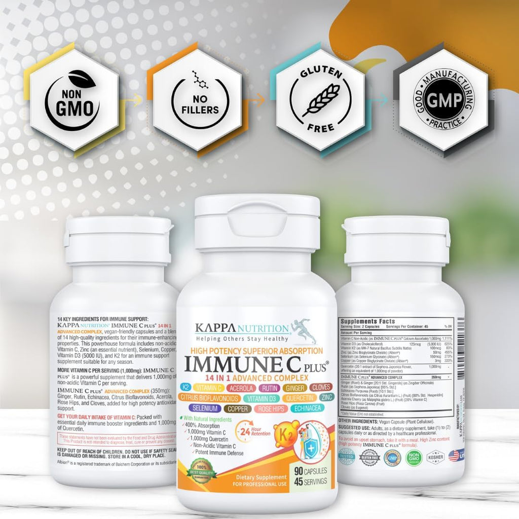 Kappa Nutrition Immune C Plus - Complejo de 14 ingredientes con Quercetina, Vitamina C, Zinc, Vitamina D3, Selenio, Cobre y más (90 cápsulas)