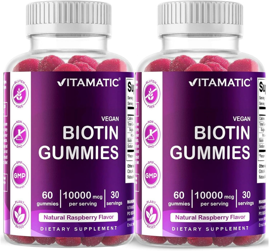 Vitamatic Biotina Gominolas 10,000 mcg para Cabello, Piel y Uñas - 60 Gominolas Veganas (2 Botellas)