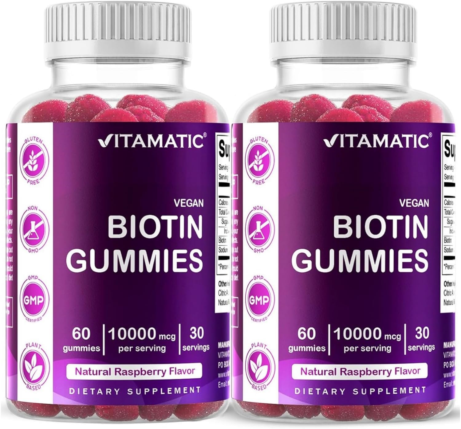 Vitamatic Biotina Gominolas 10,000 mcg para Cabello, Piel y Uñas - 60 Gominolas Veganas (2 Botellas)