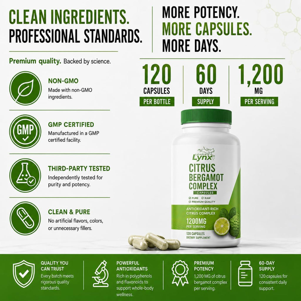 Citrus Bergamot 1200 mg – Apoyo Cardiovascular y Antioxidante | 120 Cápsulas (60 Días) | No Transgénico