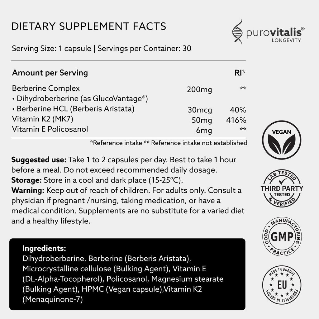 PUROVITALIS Dihydroberberine 200mg con Vitamina K2 y E, Suplemento de Berberina de Alta Concentración, 1 Mes de Suministro (30 Cápsulas Veganas)