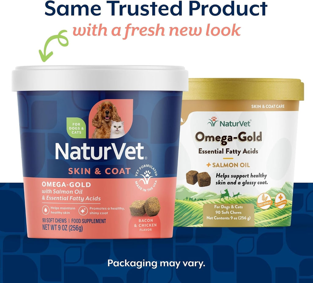 NaturVet – Omega-Gold Plus Aceite de Salmón | Apoya la Piel Saludable y el Pelaje Brillante | Enriquecido con DHA, EPA, Omega-3 y Omega-6 | Para Perros y Gatos | 90 Masticables Blandos