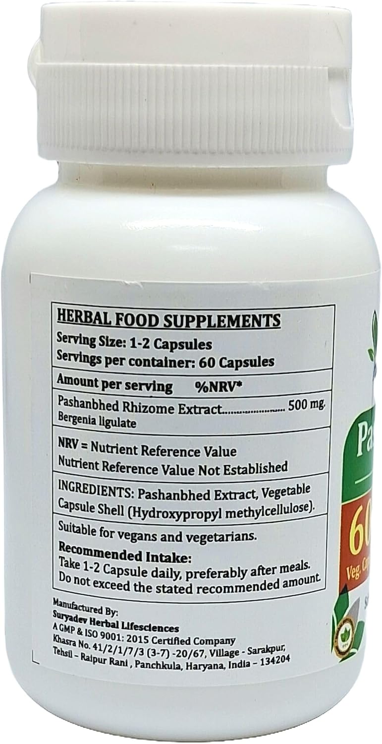 Pashanbhed Forte Cápsulas 500 mg - 60 Cápsulas Vegetales | Extracto de Bergenia Ligulata 10:1 | Suplemento Herbal Ayurvédico