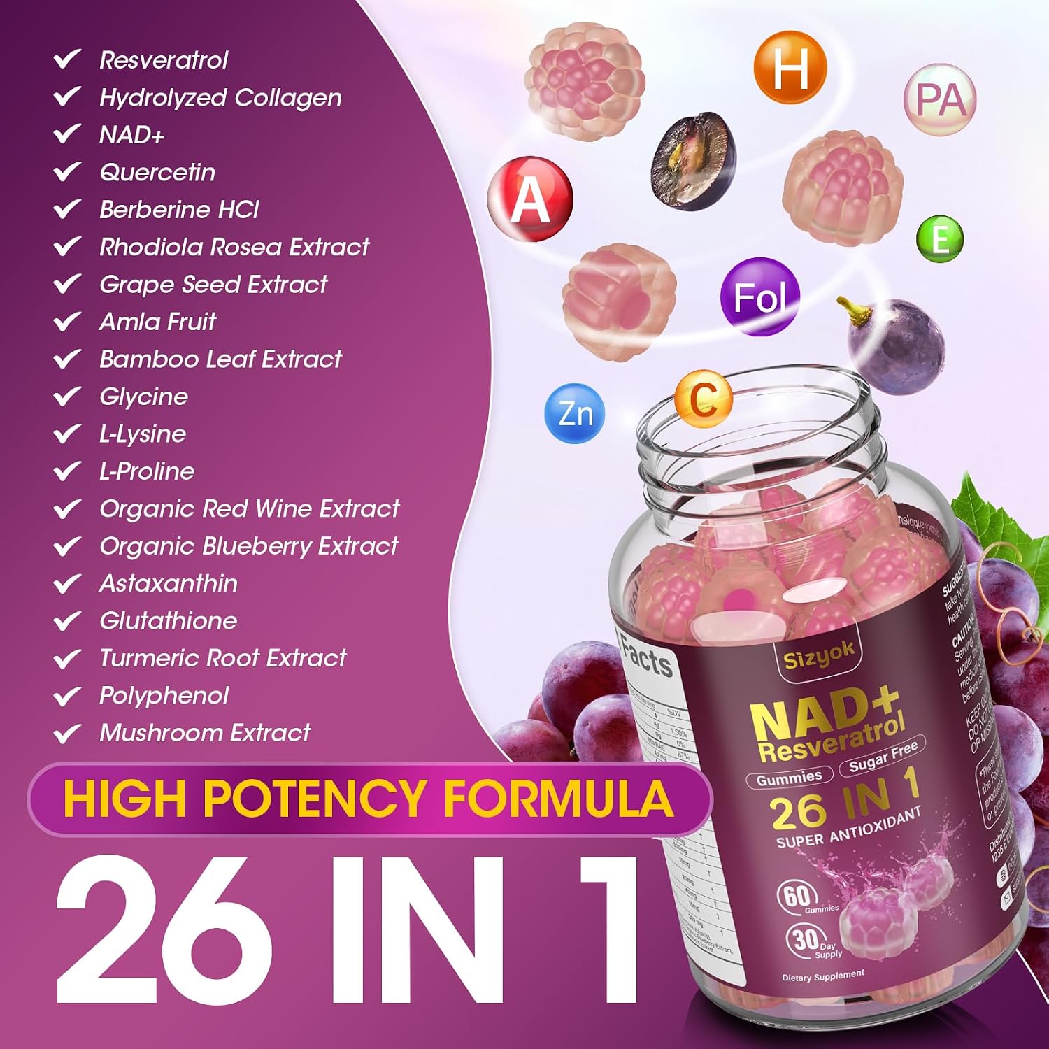 NAD Resveratrol Gummies - Suplemento con NAD+, Resveratrol, Colágeno Hidrolizado, Semilla de Uva y D-Biotina - Sin Azúcar - 60 Gominolas (Pack de 3)