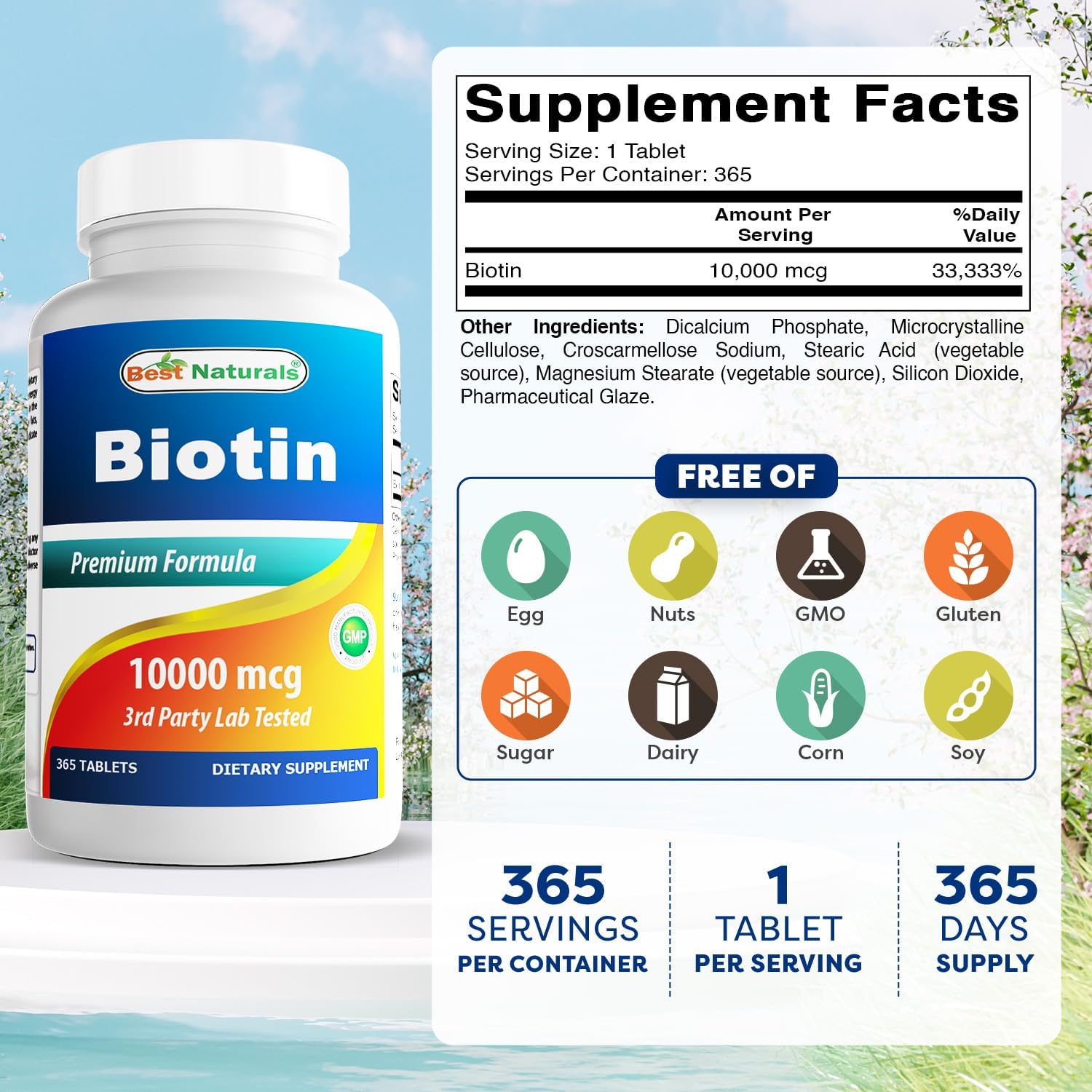 Best Naturals Biotina (Vitamina B7), 10.000 mcg, 365 comprimidos