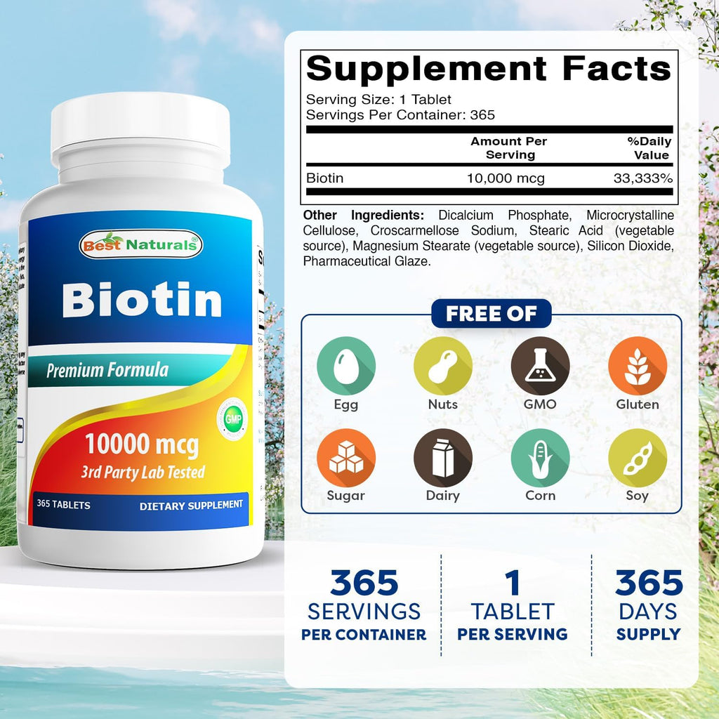 Best Naturals Biotina 10.000 mcg – 365 Comprimidos (Lote de 3)