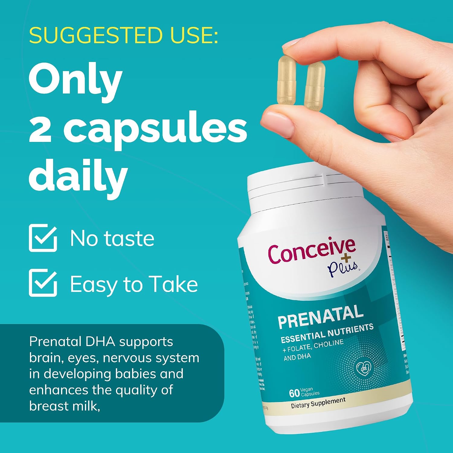 Conceive Plus Vitaminas Prenatales con Ácido Fólico, DHA y Colina - 60 Cápsulas Veganas