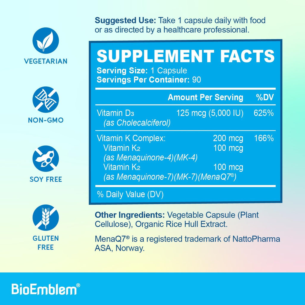 BioEmblem Vitamina D3 K2 Cápsulas - 5000 UI y 200 mcg - MK-7 y MK-4 - 90 Cápsulas