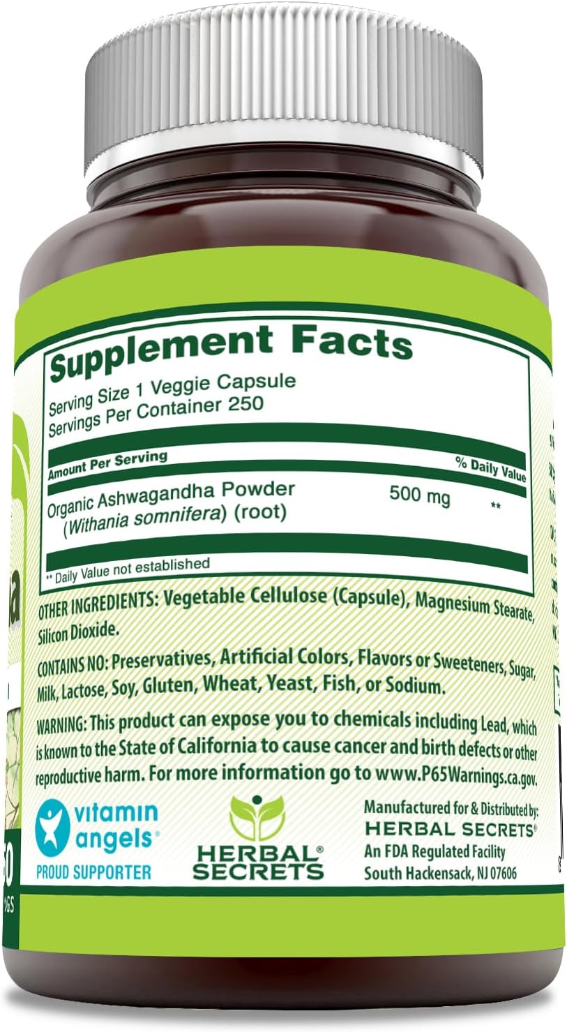 Herbal Secrets Ashwagandha 500 mg - 250 Cápsulas Vegetales