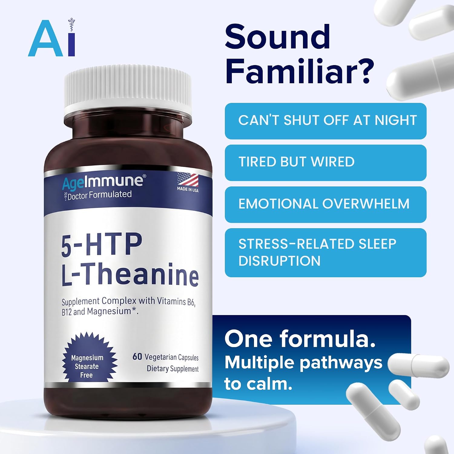 5-HTP 100mg + L-Theanina 400mg | Complemento para el Estrés y Relajación | AgeImmune
