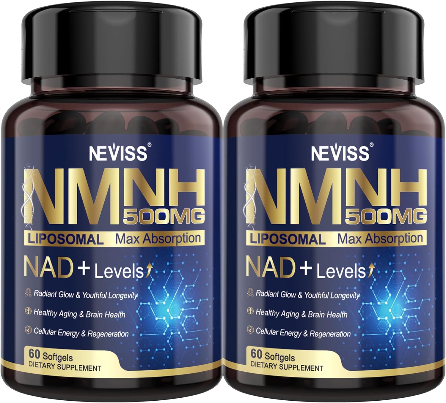 2Pack Suplemento NAD+ con NMNH Liposomal 500mg, Niacinamida y Curcumina - 120 Cápsulas Blandas