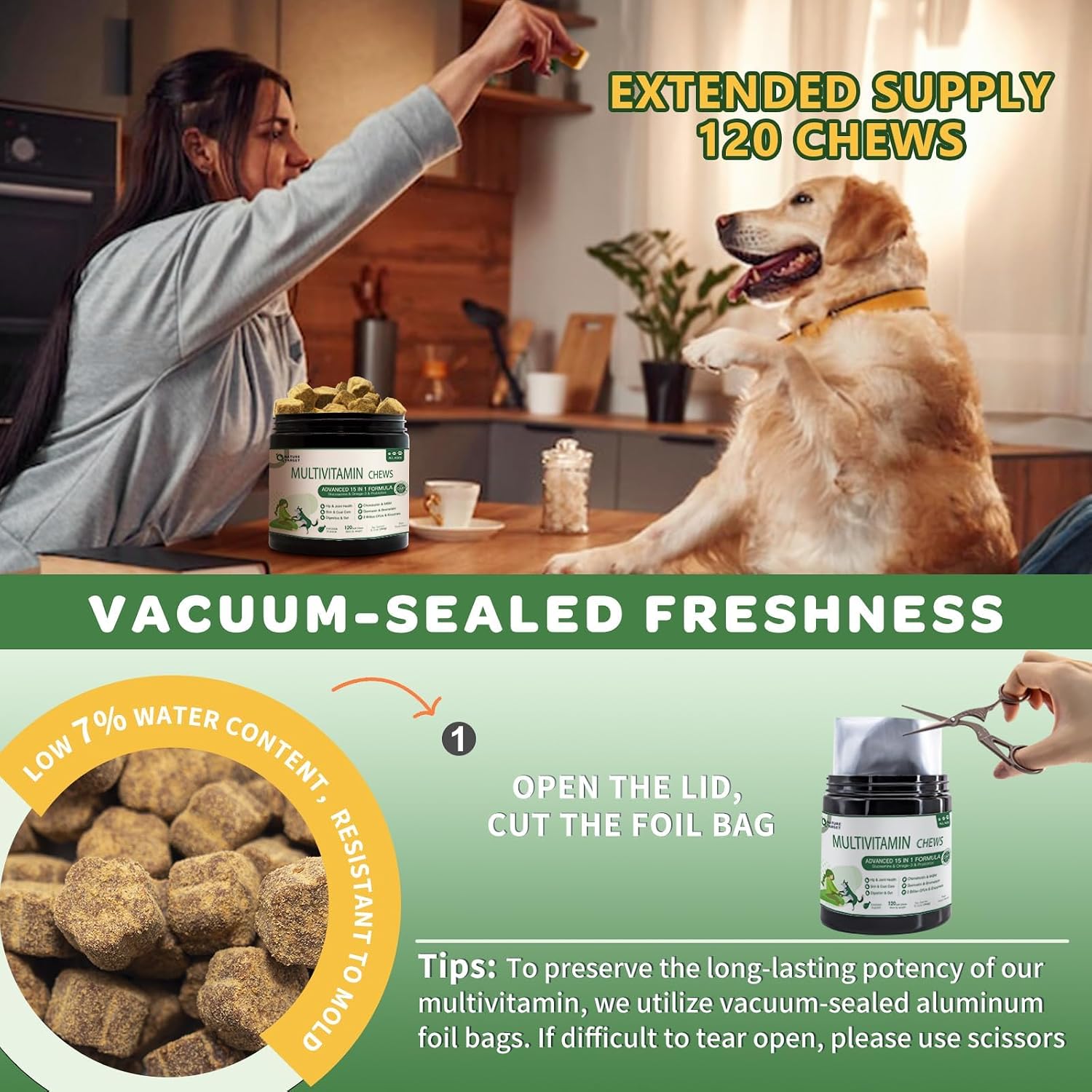 NATURE TARGET Multivitamínico para Perros - con MSM y Glucosamina, Omega 3 y 6, Probióticos para Salud Digestiva, Apoyo Articular, Piel y Pelo, Sistema Inmune y Salud General - 120 Comprimidos Blandos