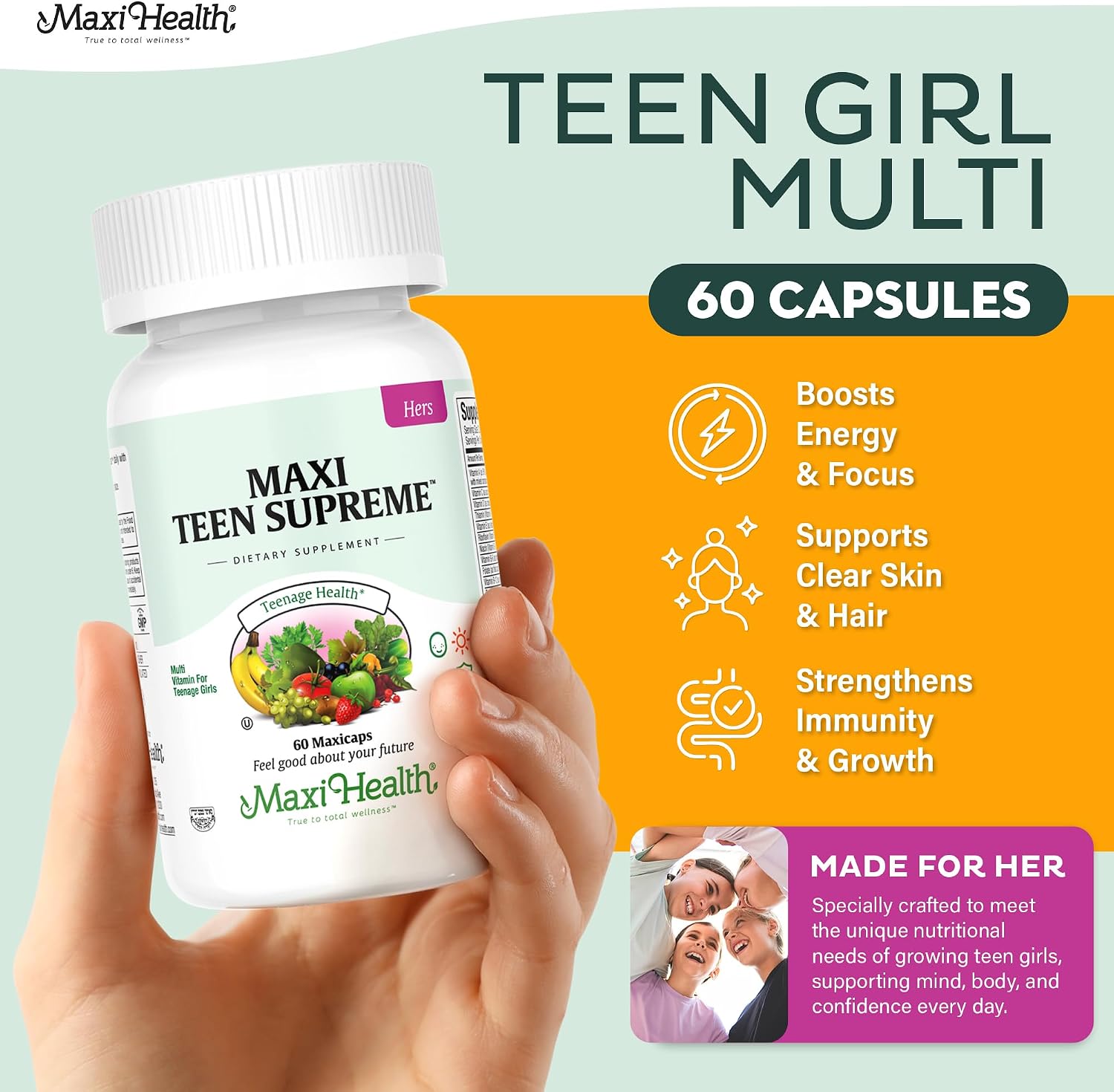 Multivitamínico Supreme para Chicas Adolescentes 12-17 años – con D3, Hierro, Calcio, Biotina y Enzimas Digestivas – 60 Comprimidos
