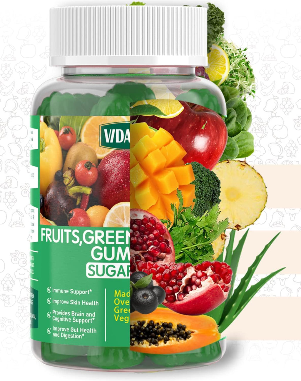 VIDAVITE Gominolas de Superalimentos sin Azúcar - 35+ Frutas y Verduras para Adultos y Adolescentes